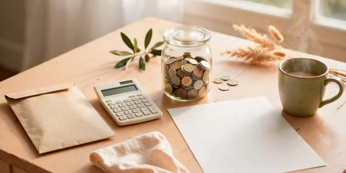 A bright kitchen table with a pay envelope and a calculator and a jar of coins in warm peach light, showing the employment cost index and pay falling behind prices.