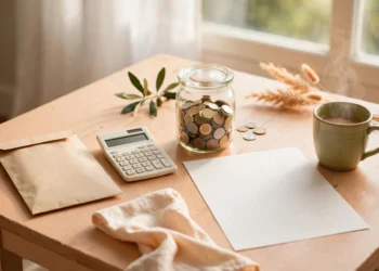 A bright kitchen table with a pay envelope and a calculator and a jar of coins in warm peach light, showing the employment cost index and pay falling behind prices.