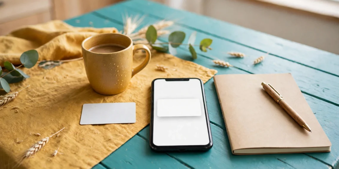A bright teal and mustard kitchen table with a phone showing a blank alert screen beside a plain bank card and a notebook, showing a zelle scam warning at home.