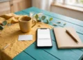 A bright teal and mustard kitchen table with a phone showing a blank alert screen beside a plain bank card and a notebook, showing a zelle scam warning at home.