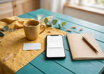 A bright teal and mustard kitchen table with a phone showing a blank alert screen beside a plain bank card and a notebook, showing a zelle scam warning at home.
