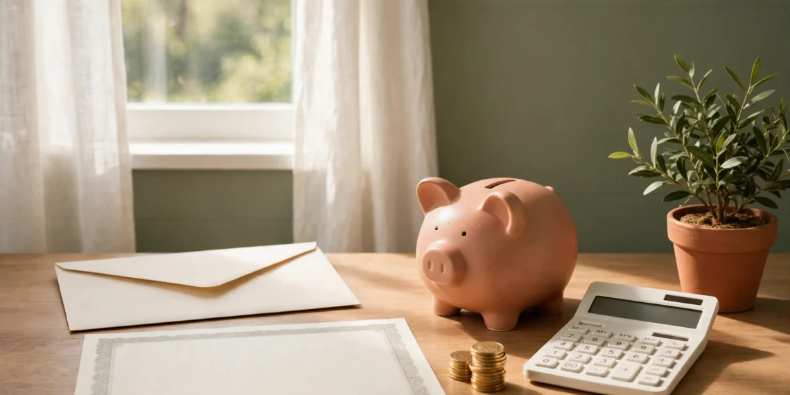 A sunlit desk with a savings bond certificate and a piggy bank and a calculator in warm sage and cream light, showing the new i bond rate for savers.