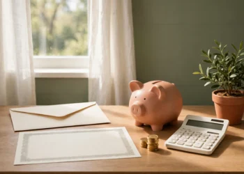 A sunlit desk with a savings bond certificate and a piggy bank and a calculator in warm sage and cream light, showing the new i bond rate for savers.